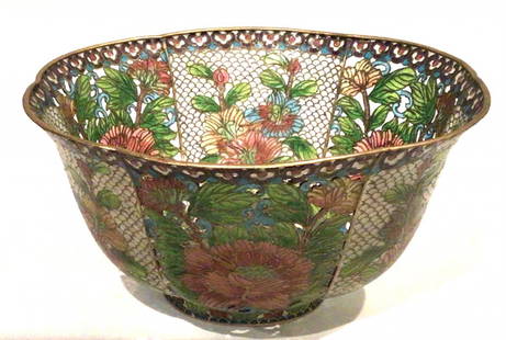 Large Chinese Plique A Jour Bowl Original Box: Spectacular and intricate Chinese pulque a jour bowl with original box and stand. Measurements do not include the stand size.