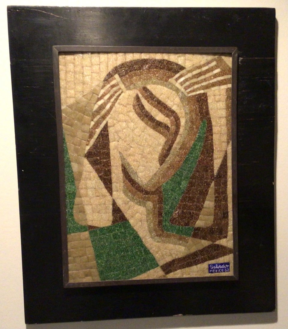 Salvador Teran Mosaic Tile Abstract sculpture 1962: Signed and Dated Salvador Teran Mosaic Tile sculptual plaque from 1962. Made in Taxco, Mexico. Framed size is 21 inches by 17.75 inches.