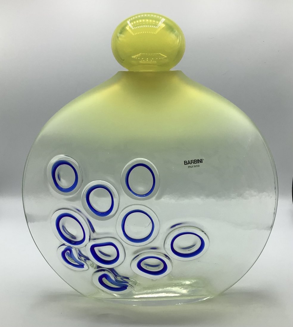Alfredo Barbini Murano Large Signed Decanter Murrine: Alfredo Barbini Murano Large Signed Decanter Murrine decoration. 14 inches tall by 12.5 inches wide by 3.5 inches depth.