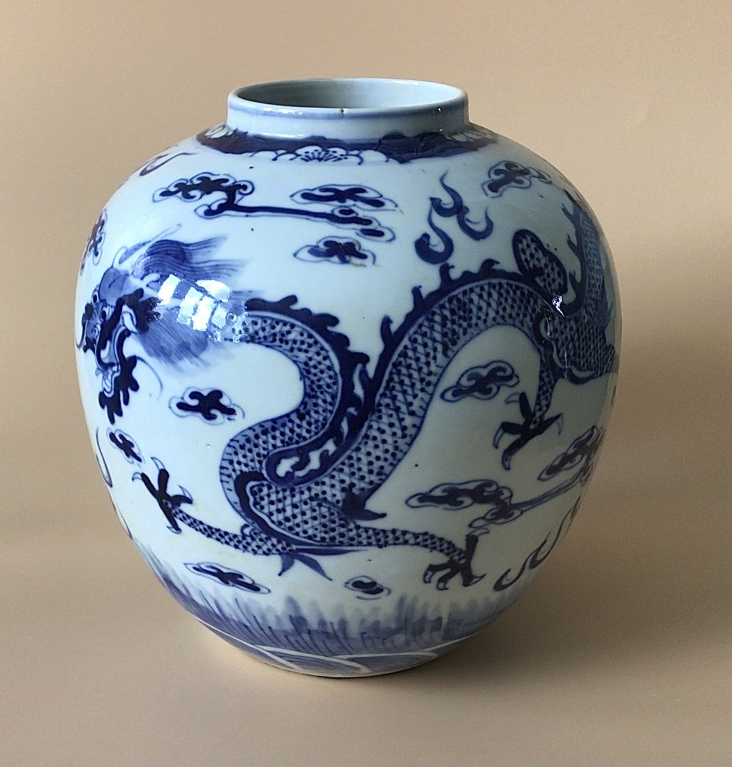 Antique SIGNED Chinese Blue and White Dragon Jar with (1 of 3)
