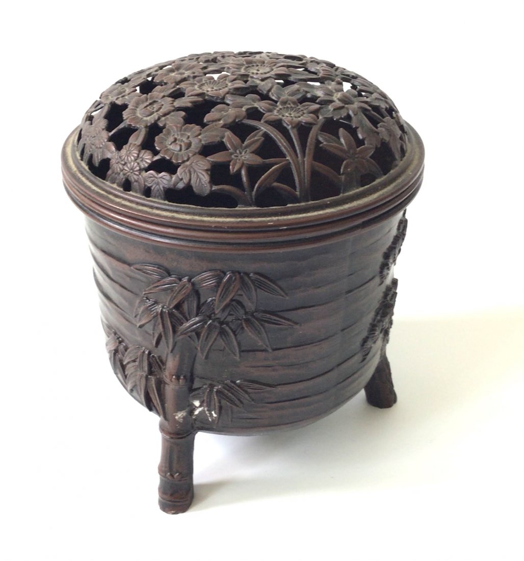 Antique SIGNED Chinese Bronze lidded vessel with flower (1 of 2)