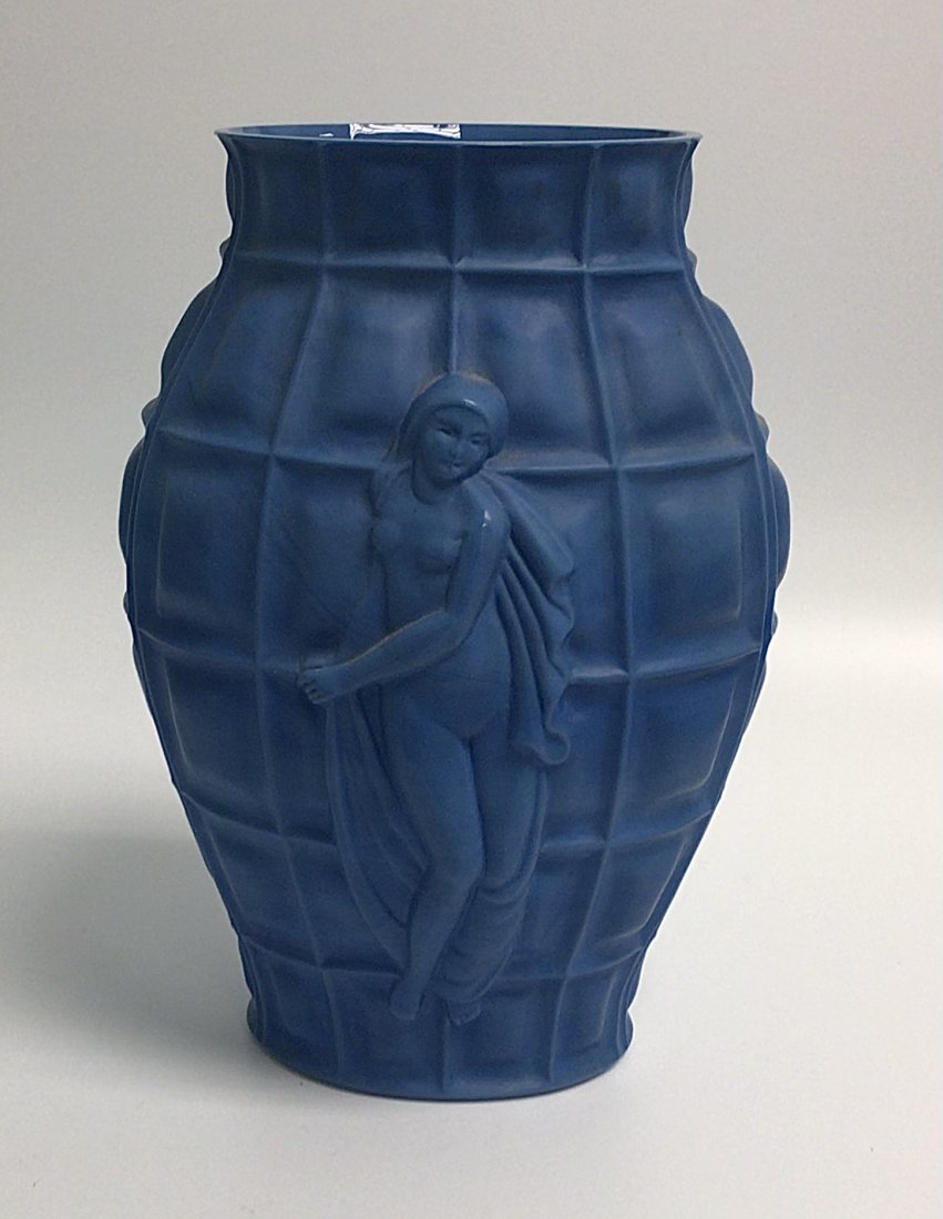 Art Deco Blue Czech Art glass vase with figural (1 of 3)