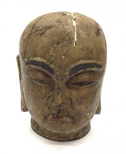 Carved Wood Meiji Era Buddha sculpture head with: Carved Wood Meiji Era Buddha sculpture head with plaster and color