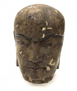 Carved Wood Meiji Era Buddha sculpture head with: Carved Wood Meiji Era Buddha sculpture head with plaster and color