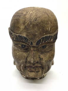 Carved Wood Meiji Era Buddha sculpture head with: Carved Wood Meiji Era Buddha sculpture head with plaster and color