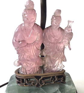 Amazing Carved Chinese Stone Lamp quartz tourmaline: Amazing carved Chinese lamp in rose quartz or tourmaline. Amazing base. Finely carved with great design and accuracy.