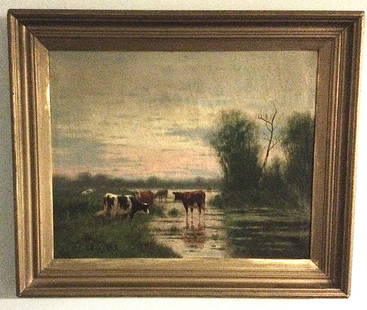 William Frederick Hulk Oil on Canvas of Cows Antique: William Frederick Hulk Oil on Canvas of Cows Antique