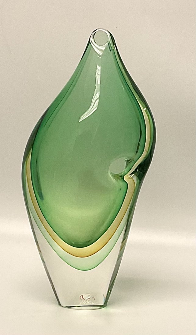 Silvano Signoretto Artist Singed Murano Sommerso Vase in green with pierced hole (1 of 2)