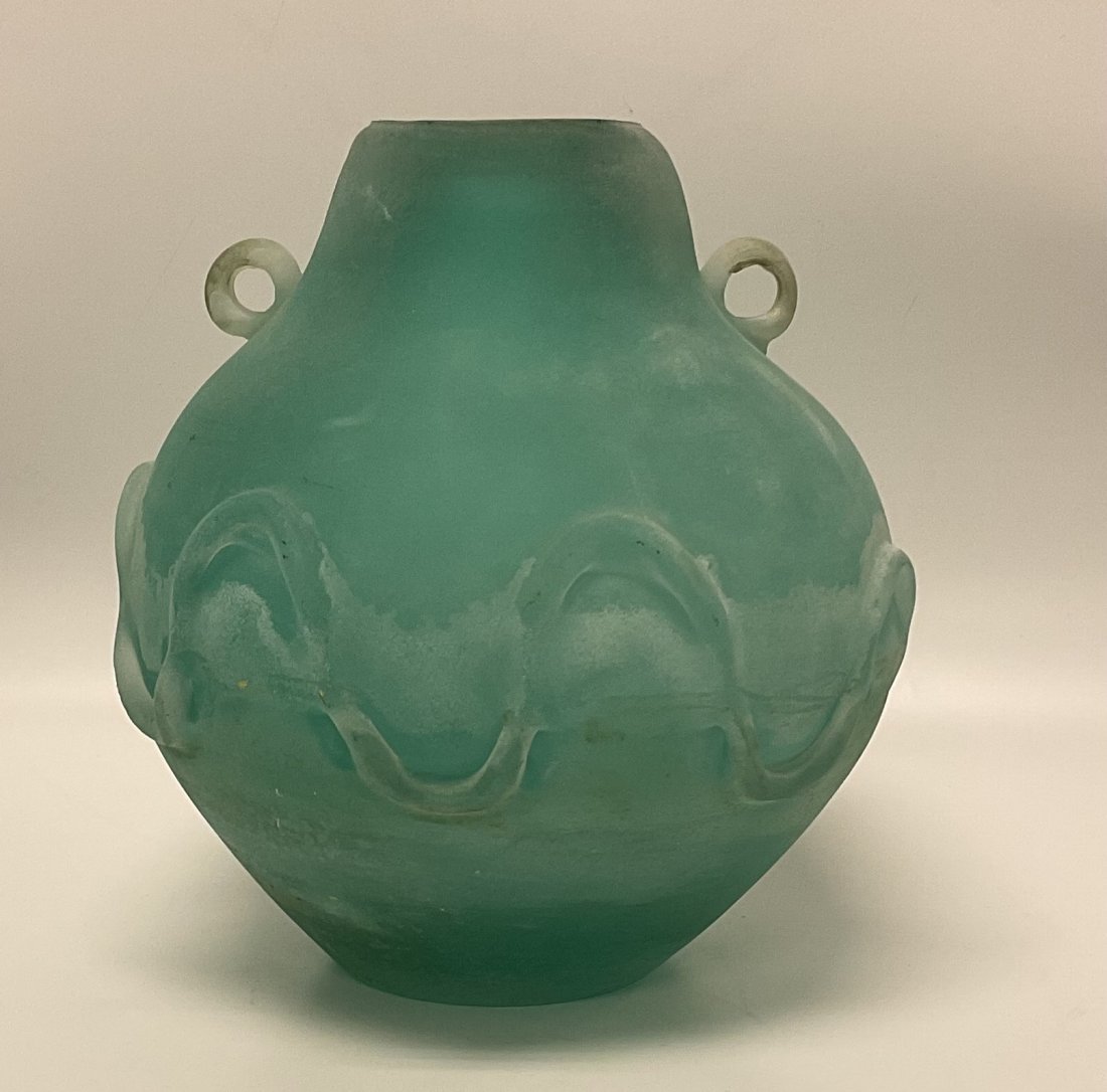 Vibrant green Murano Seguso Signed Corroso Glass Vase with handles (1 of 1)