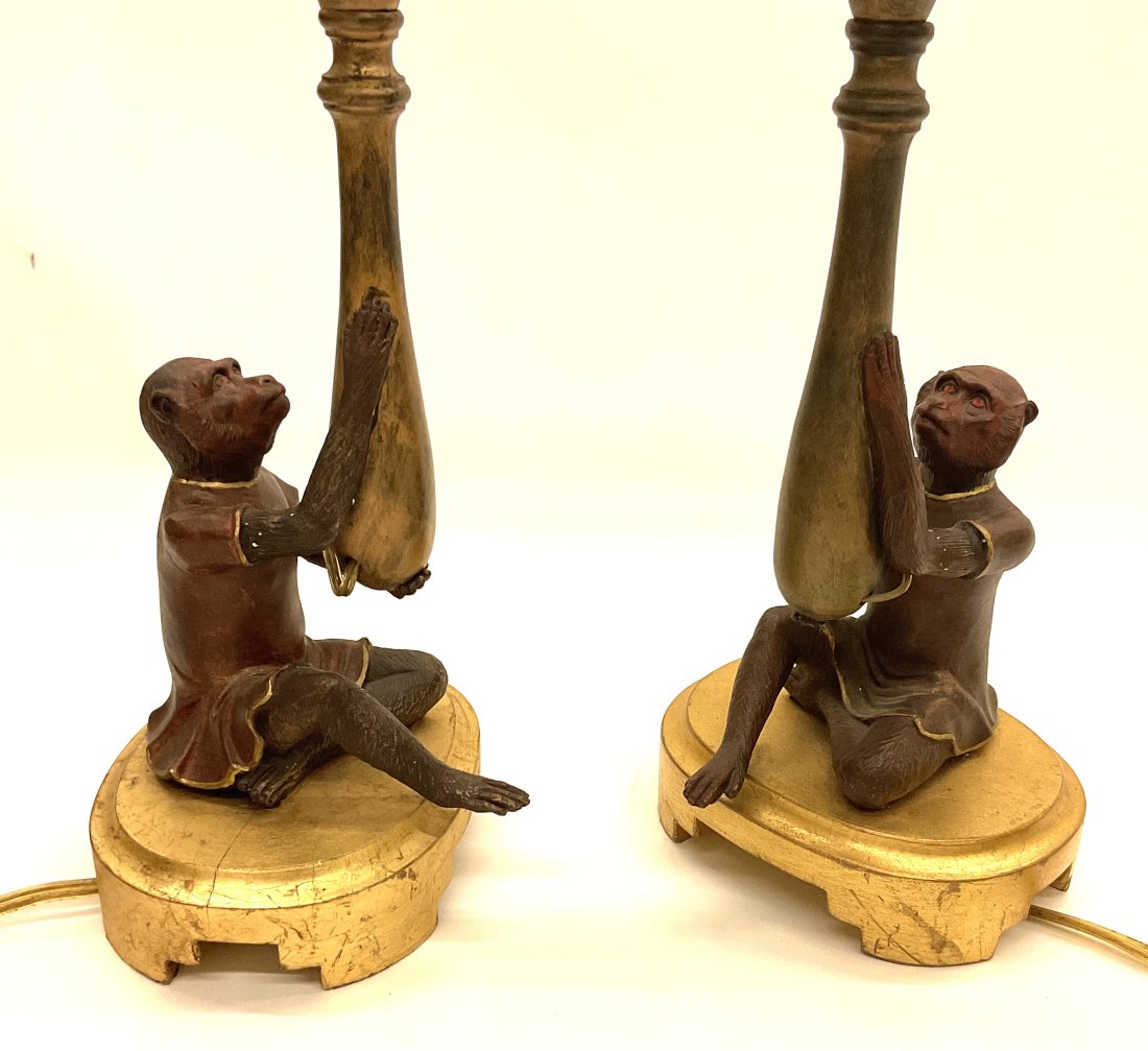 Frederick Cooper Pair Monkey Lamps with original shades: Frederick Cooper Pair Monkey Lamps with original shades. Shades measure 5.5 inches tall by 14 inches diameter