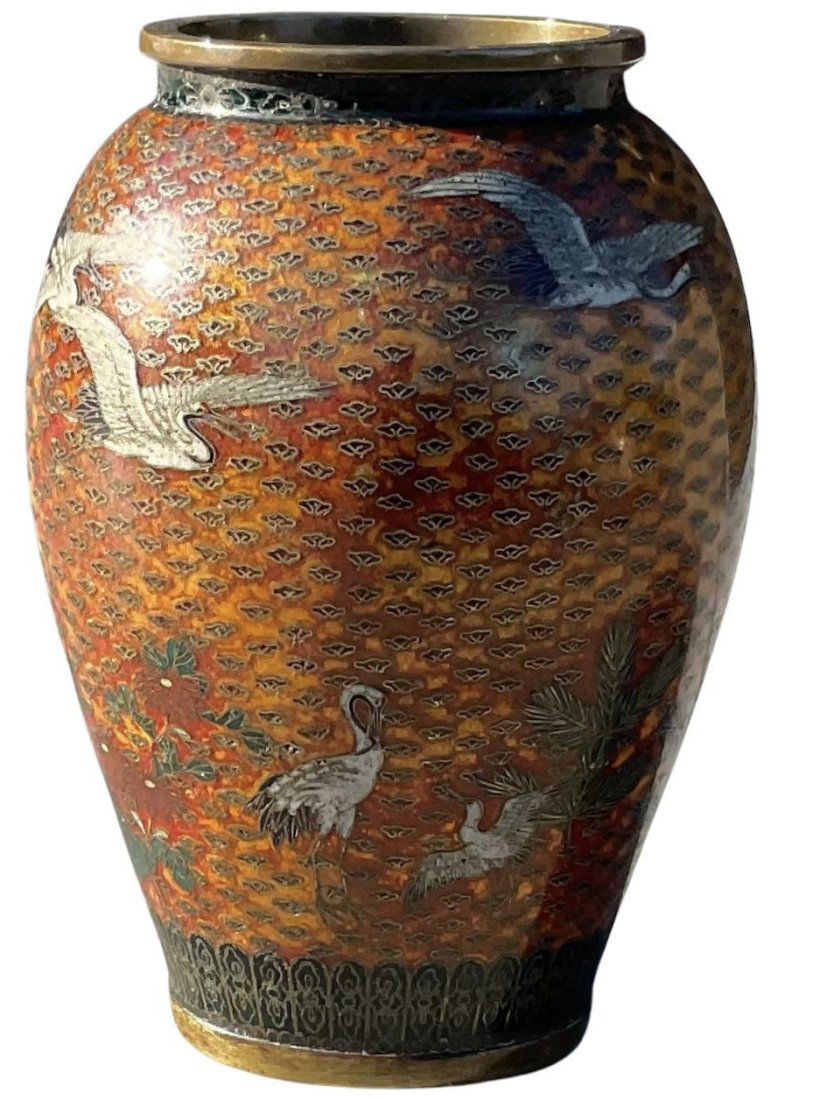 RARE Cloisonne Vase with Herons and clouds on bronze vase (1 of 17)