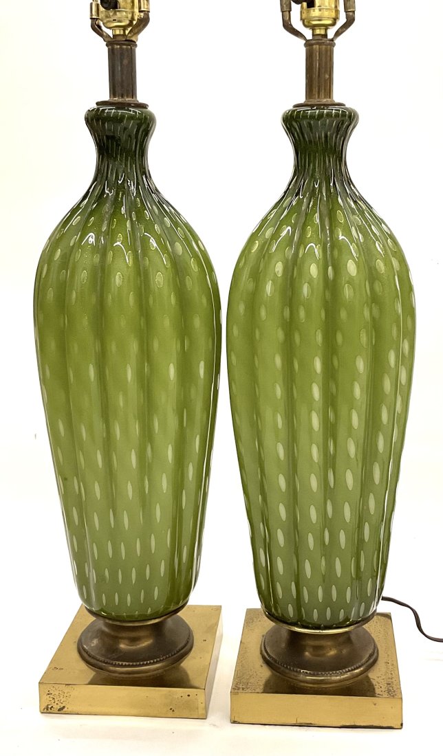 Pair Large GREEN Murano Barovier and Toso Lamps: Pair Large GREEN Murano Barovier and Toso Lamps. Glass is very large and measures 19 inches alone.