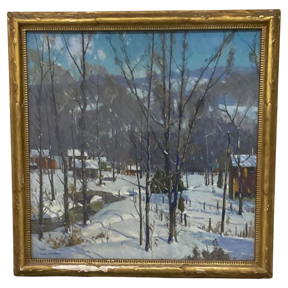 LARGE Carl Lawless (1894-1964) Oil on Canvas: This 30 by 30 size by Carl Lawless is generally the largest size that he worked in. This painting has been preserved under glass since itâ€™s inception, so it is in amazing untouched condition. A