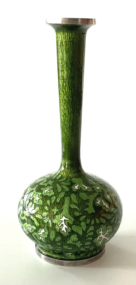 KOREA Sterling Signed Cloisonne vibrant green vase (1 of 2)