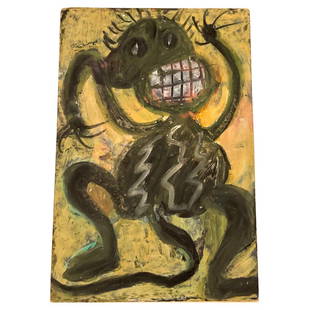 Jean-Michel Basquiat AUTHENTICATED oil on postcard circa 1985: Original acrylic/oil and organic pigments on postcard depicting a graphic monkey by Jean-Michel Basquiat. Dated 85 on verso. Basquiat often sold his postcards in SoHo. During this time, he met Andy