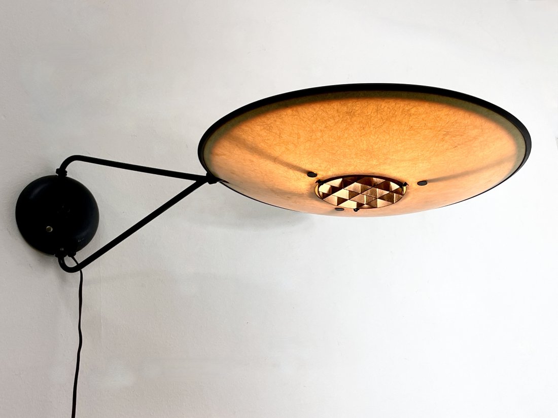 Mitchell Bobrick RARE Controlight Wall Mount Articulated lamp: A rare Mitchell Bobrick wall mount articulated lamp by Controlight circa 1950s. Made in fiberglass and steel. Signed with original label to shade.