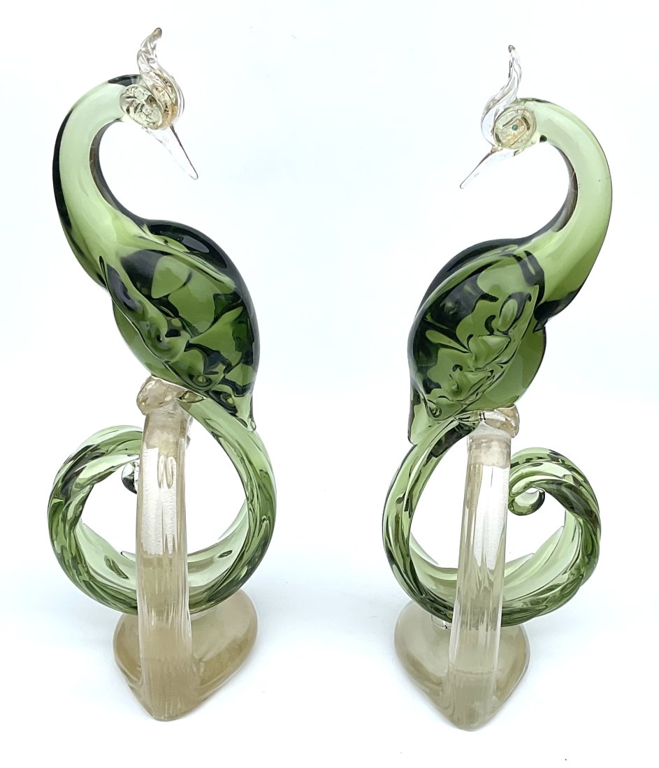 Alfredo Barbini PAIR Green Murano bird sculptures with applied gold leaf circa 1950s (1 of 1)
