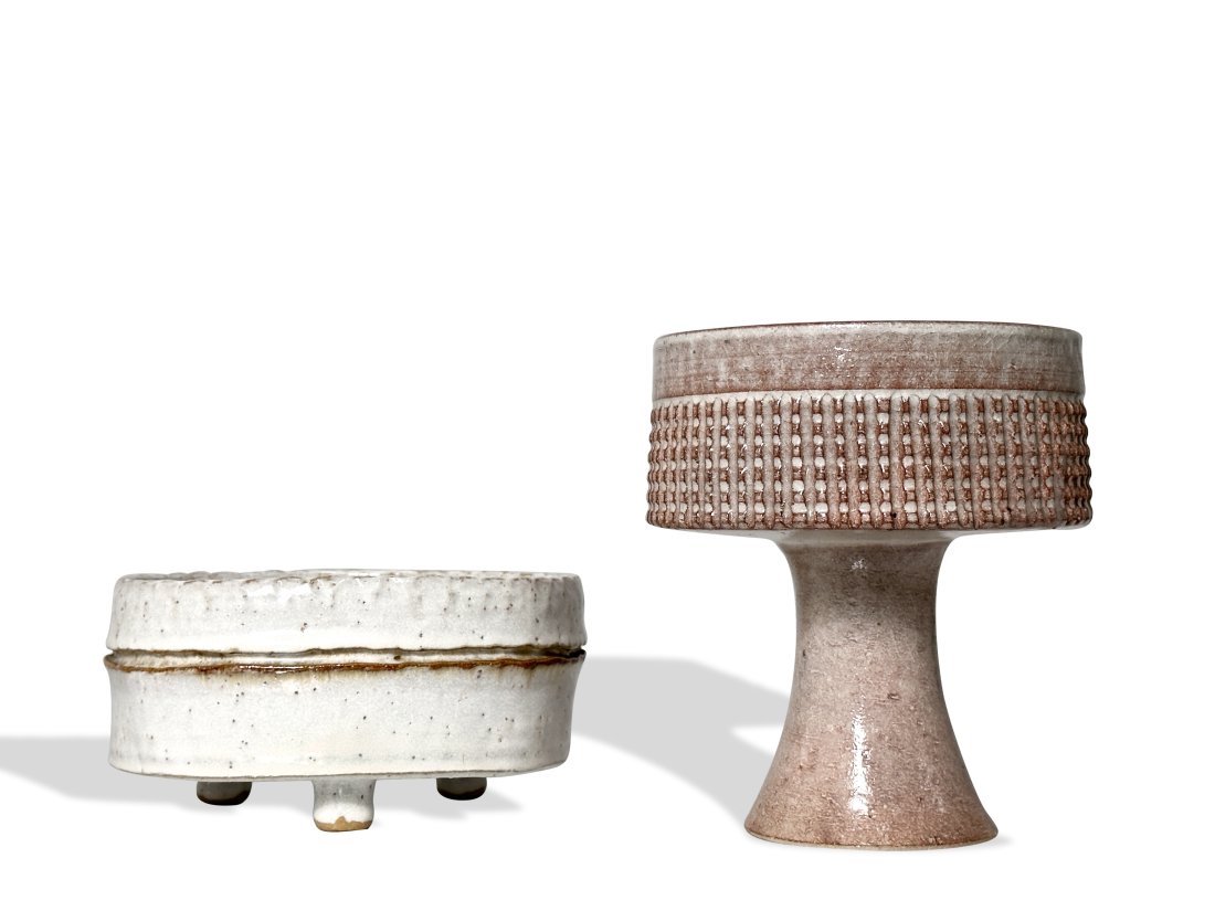 Japanese PAIR Ikebana Vases in glazed stoneware with impressed markings: Japanese PAIR Ikebana Vases in glazed stoneware with impressed markings. Chalice 7 inch diameter 7.75 inches height. Bowl 4 inches height by 7.75 by 7 inches