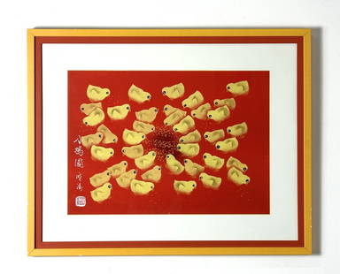 Modern Japanese or Chinese Signed Lithograph of Baby Chicks: Modern Japanese or Chinese Signed Lithograph of Baby Chicks