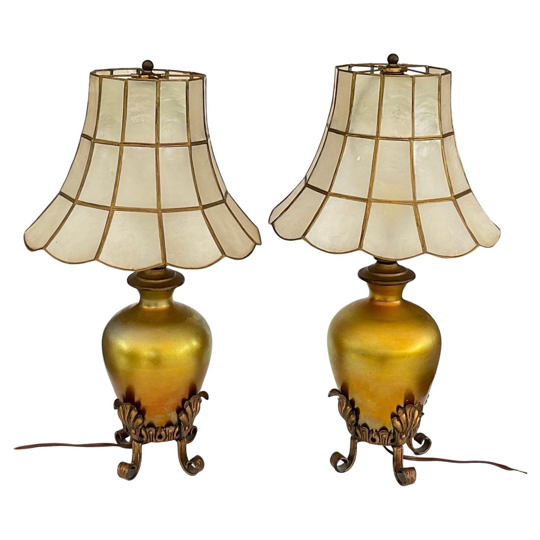 Steuben Aurene Attributed PAIR Art Glass Lamps with original mica shades: Steuben Aurene Attributed PAIR Art Glass Lamps with original mica shades
