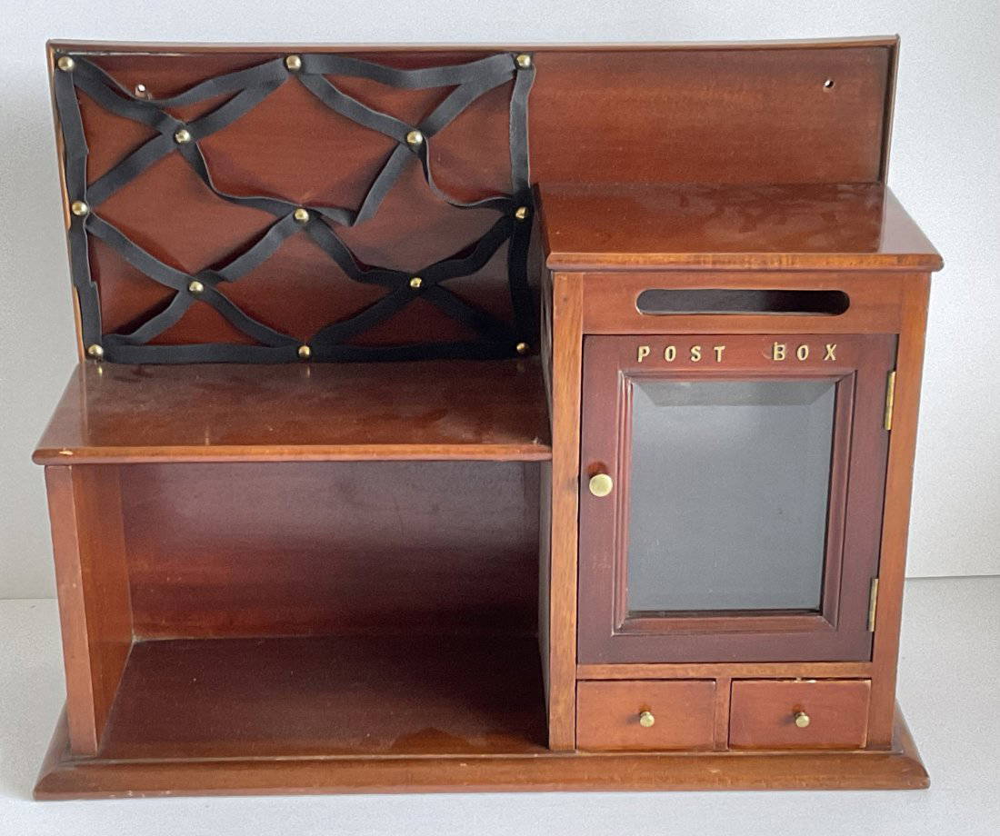Antique Wood Post Office Box In A Rectangular Form With Brass Handles