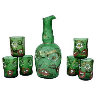 Anzolo Fuga Murano glass Decanter set with 6 glasses signed and dated: Anzolo Fuga Murano glass Decanter set with 6 glasses signed and dated. Glasses are 3.75 inches tall by 2.75 inches wide