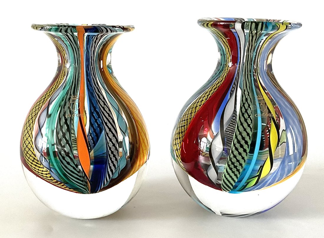 PAIR Seguso Cadoro Art Glass Cane Vases Signed and labeled: PAIR Seguso Cadoro Art Glass Cane Vases Signed and labeled