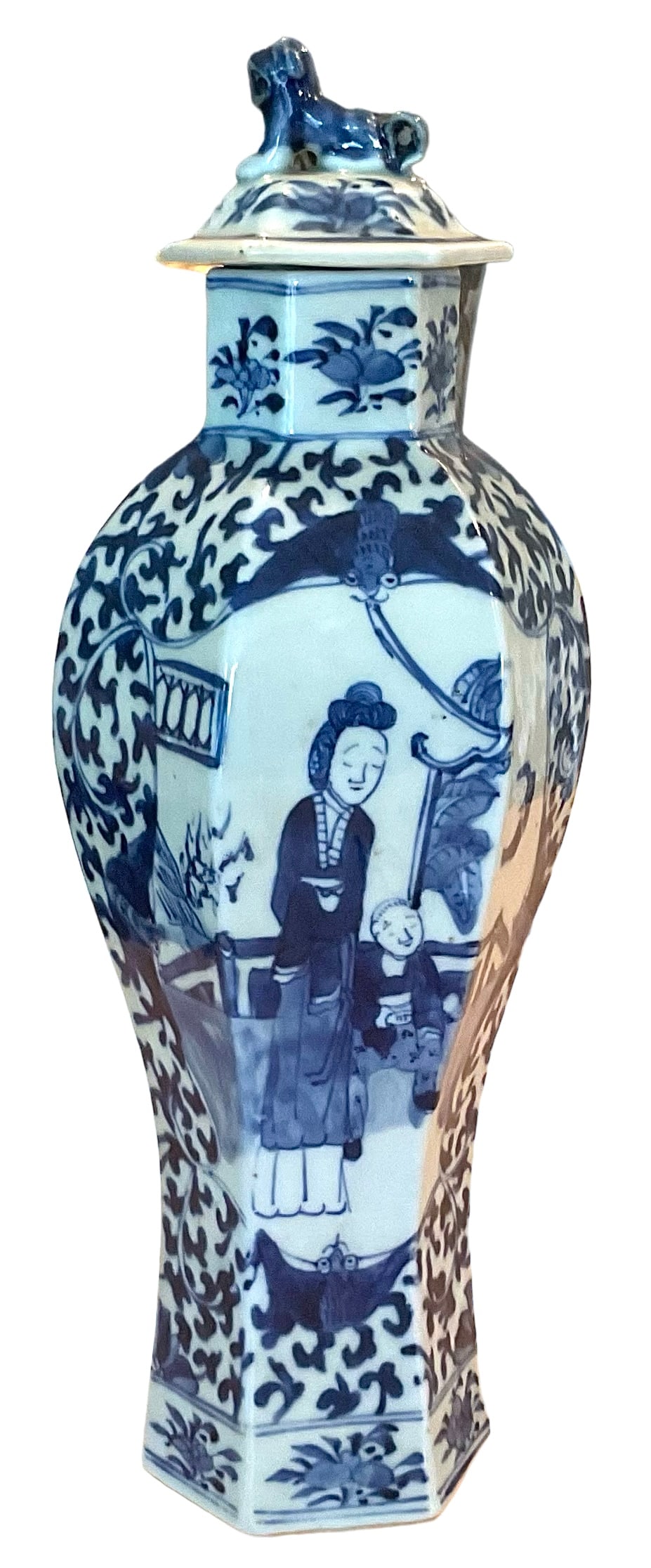 6 Sided Chinese Blue White Porcelain Vase with signature foo dog lid (1 of 5)