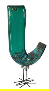 Alessandro Pianon Vistosi Murano Art Glass J Form Pulcino Bird in green glass with murrine: Alessandro Pianon Vistosi Murano Art Glass J Form Pulcino Bird in green glass with murrine decoration and copper feet