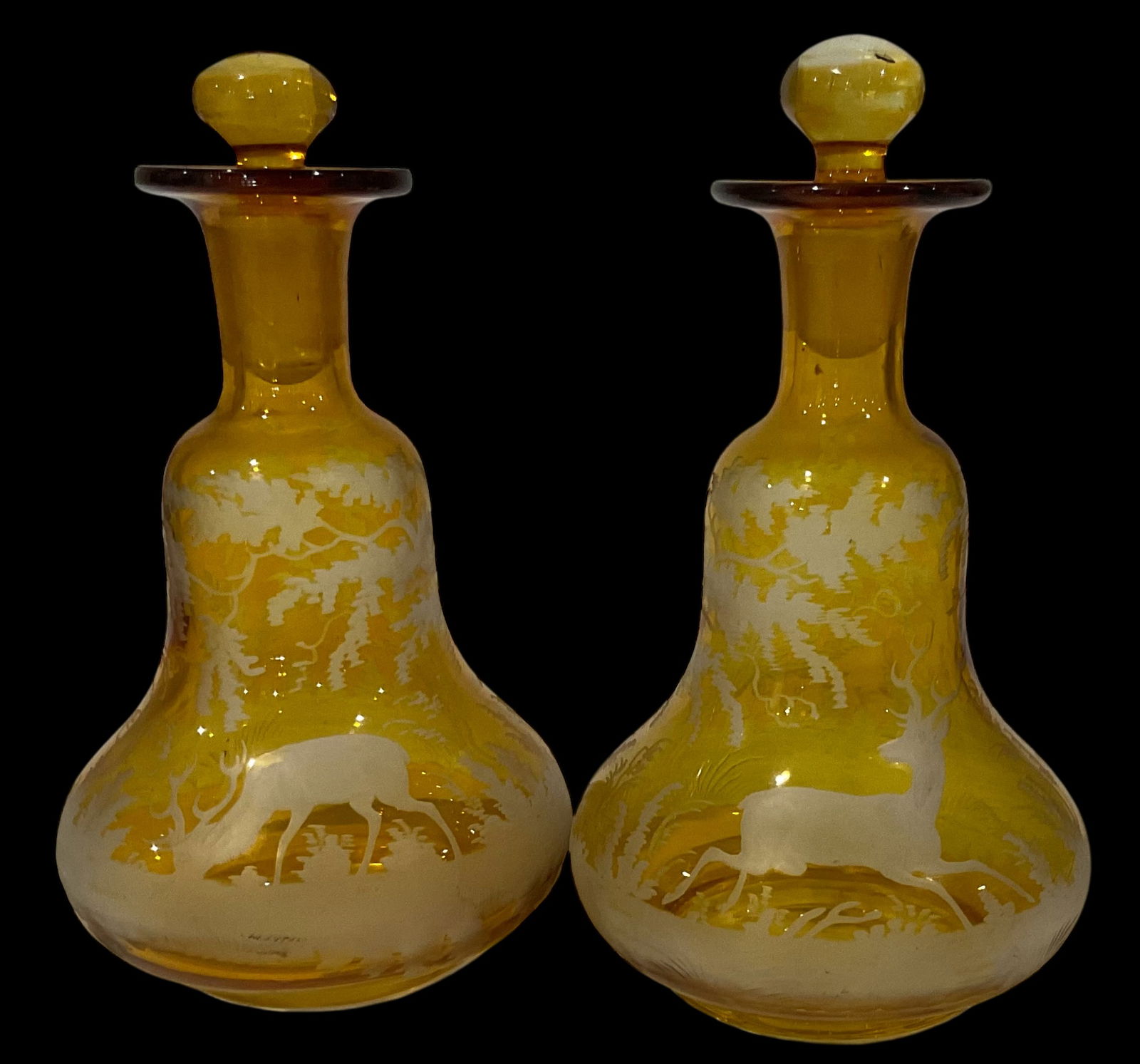 PAIR Bohemian Czech art glass carved perfume bottles with deer in vibrant yellow (1 of 3)