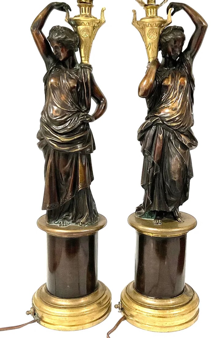 PAIR Bronze Sculpture Lamps of Women with gold gilt highlights (1 of 3)