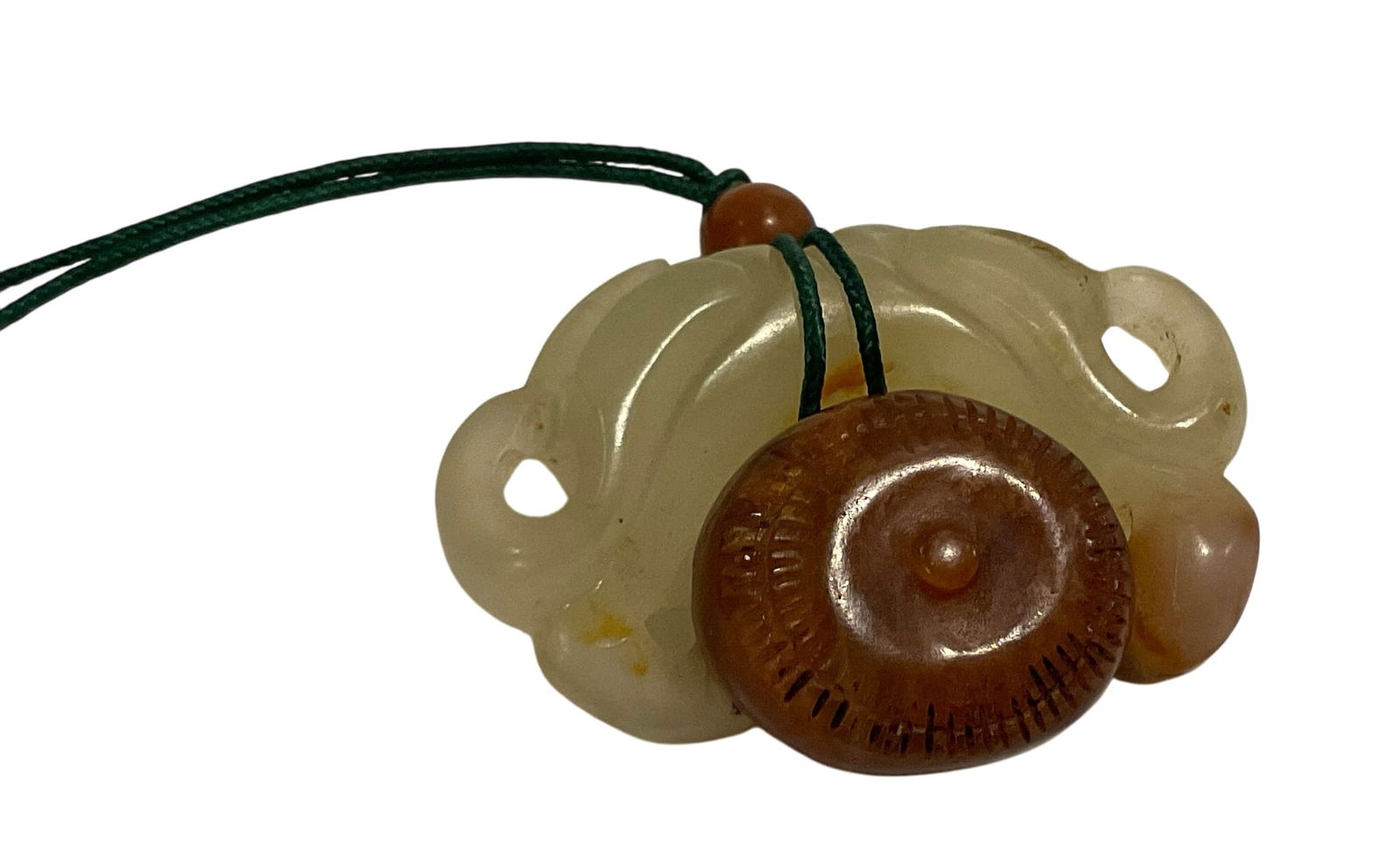 Nephrite Jade Pendant with carved leaves and brown carved water chestnut amber bead slide (1 of 5)