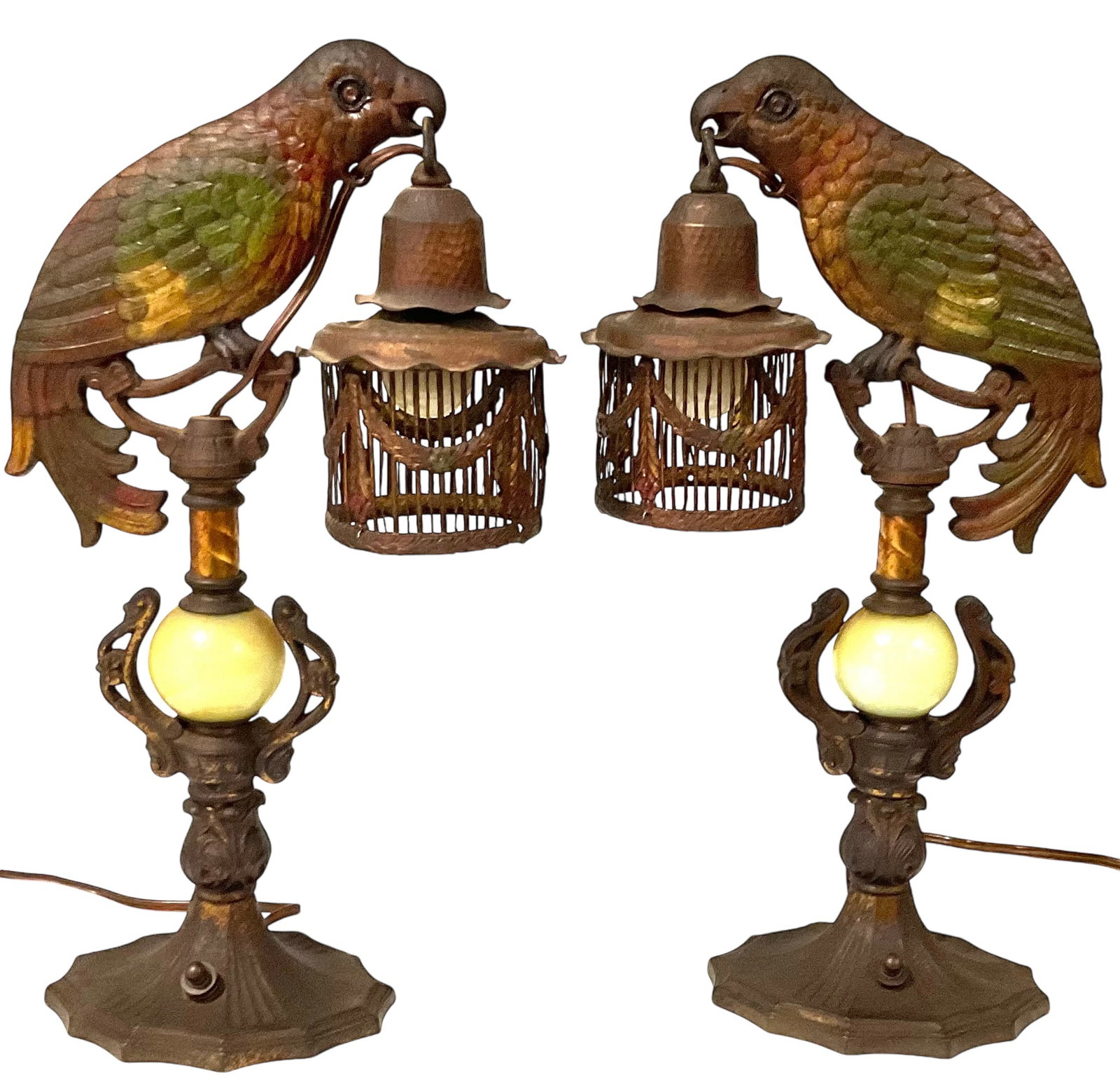 PAIR Art Deco Bradley and Hubbard enamel on metal parrot lamps: PAIR Art Deco Bradley and Hubbard enamel on metal parrot lamps