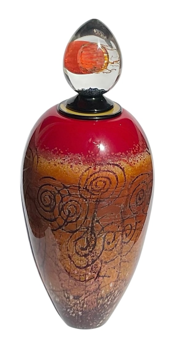 LARGE Richard Satava Decanter bottle with jellyfish stopper in brilliant red artist signed and (1 of 4)