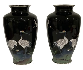 PAIR Suzuki Signed Cloisonne Bird Vases