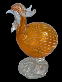 Salviati Murano Art Glass Figure of a guinea hen in vibrant orange with original label