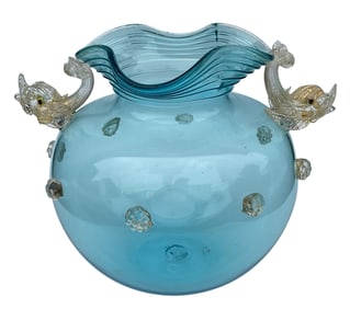 Venetian Salviati attributed large murano art glass vase in vibrant blue with dolphin handles