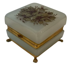 Opalescent White murano art glass dresser box with gold metal feet original label