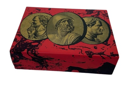 Piero Fornasetti dresser box with original label in vibrant red
