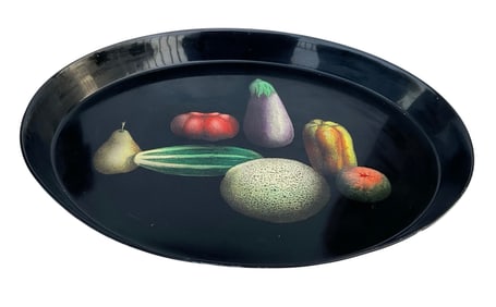 Large Fornasetti tray in black with friut vegetable decoration