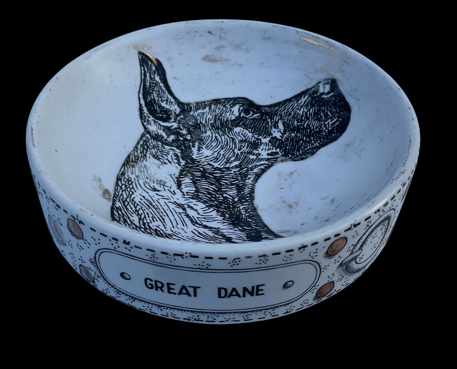 Piero Fornasetti Great Dane Signed Porcelain dog dish: Piero Fornasetti Great Dane Signed Porcelain dog dish