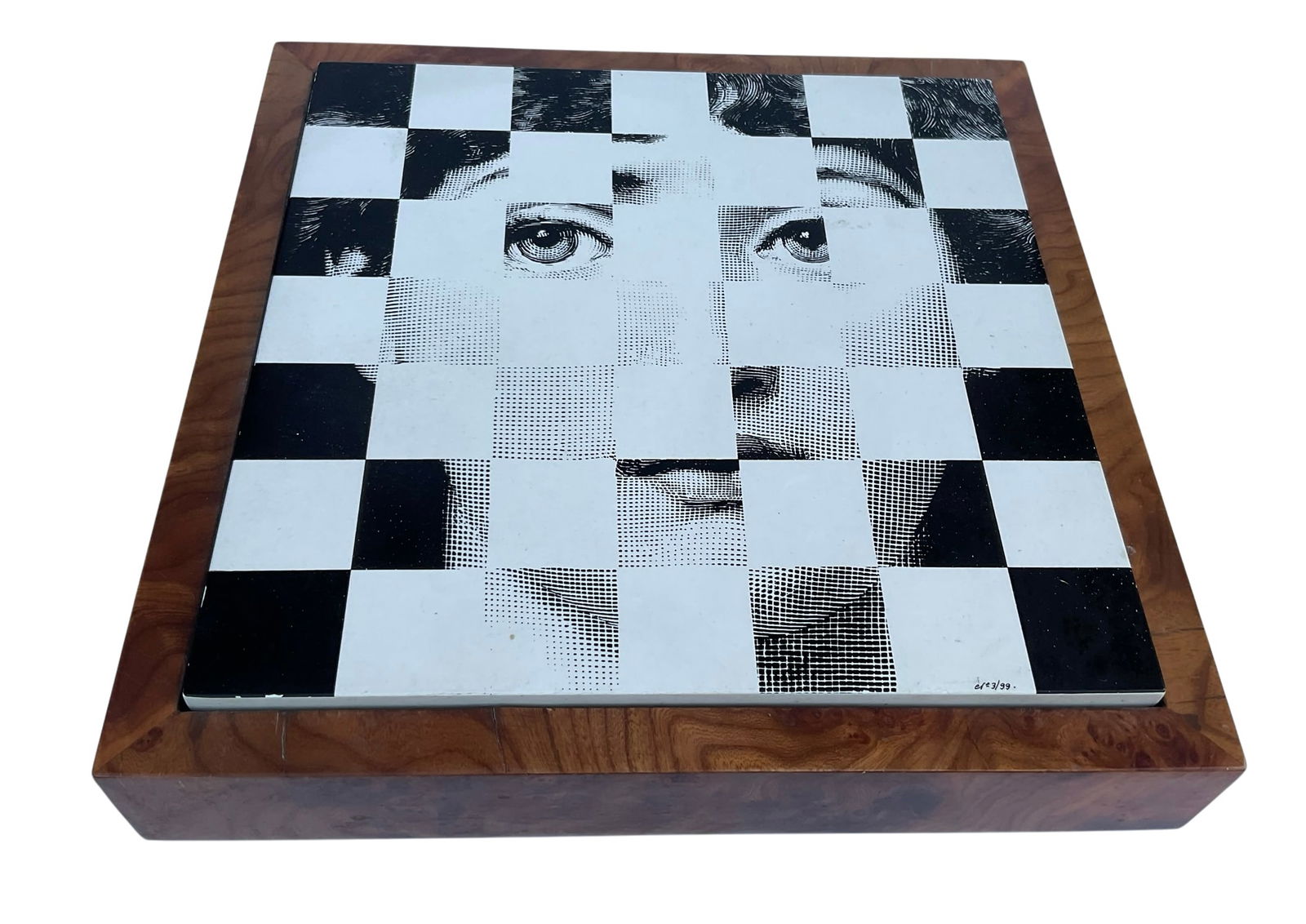 Piero Fornasetti Large game set box wit amazing decoration: Piero Fornasetti Large game set box wit amazing decoration. Appears to be complete. All chess pieces are carved wood and present. The reverse side of the lid is a chess board for use with the chess se