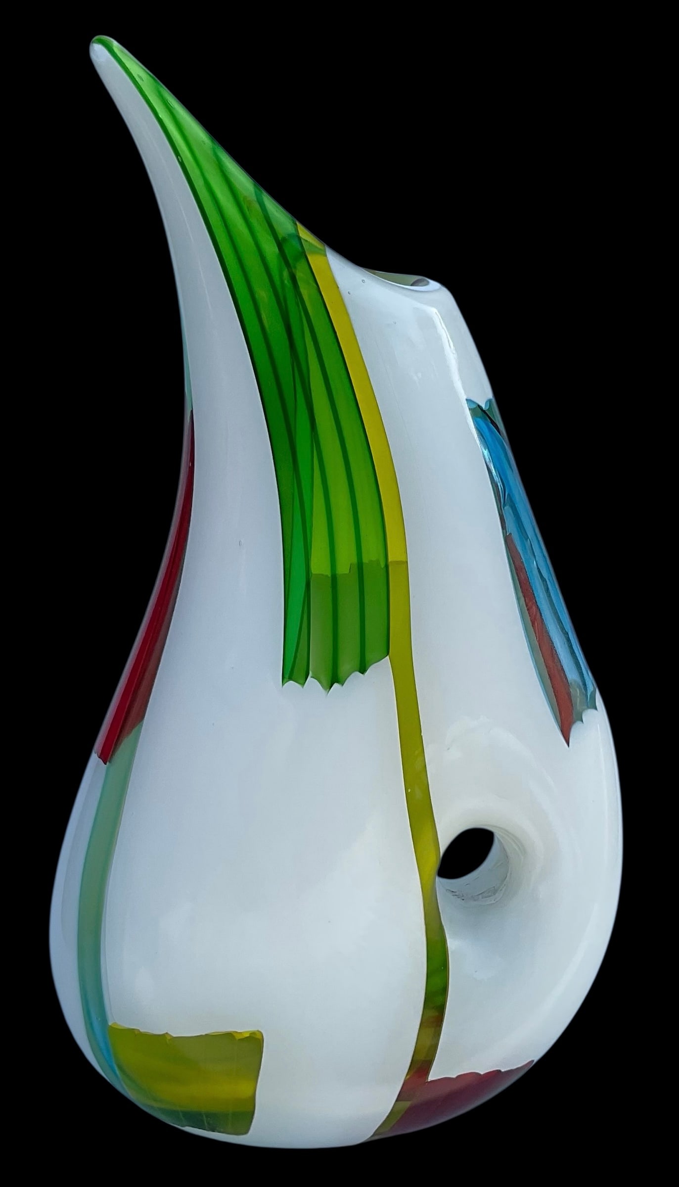 Anzola Fuga AVeM Murano Art Glass Vase Pitcher Form in vibrant white with multiple color window: Anzola Fuga AVeM Murano Art Glass Vase Pitcher Form in vibrant white with multiple color window patches with original label