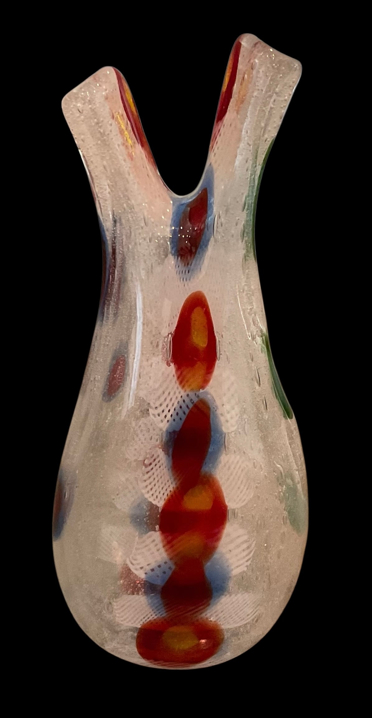 Anzola Fuga AVeM Murano Art Glass Vase 2 neck form murrine pulegoso with original label: Anzola Fuga AVeM Murano Art Glass Vase 2 neck form murrine pulegoso with original label
