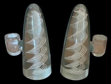 PAIR Venini Murano art glass Candle Holders with spiral decoration signed with 3 line acid stamp