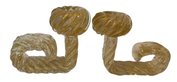 PAIR Barovier and Toso attributed Murano art glass candle holder sculptures in gold and clear glass