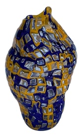 Tsuchida Yasuhiko Japanese Studio Glass Occhi Murrine Vase in vibrant yellow and blue