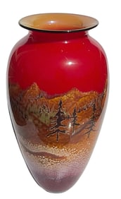 Richard Satava Tall red studio art glass vase with forest decoration