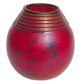 Richard Satava red studio art glass vase with cave decoration