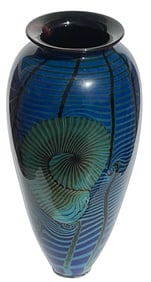 Richard Satava Tall blue studio art glass vase with shell decoration